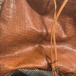Gucci Tan Shoulder Bag with Embossed Leather and Gold Hardware